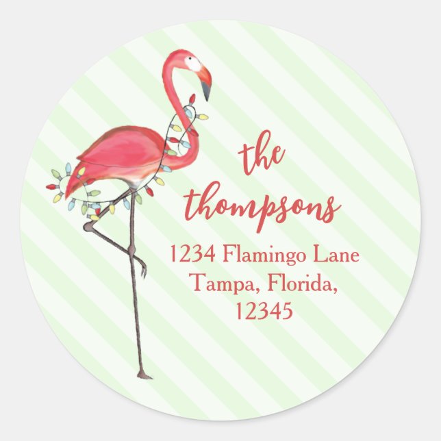 Christmas Festive Cute Flamingo String Lights  Classic Round Sticker (Front)