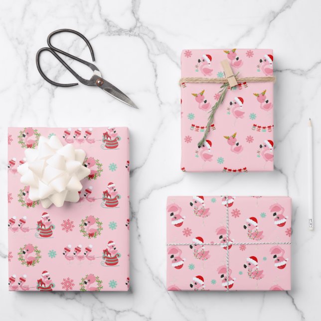 Christmas Festive Flamingo Pattern on Pink Wrapping Paper Sheet (Front)