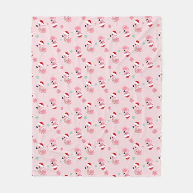 Christmas Festive Flamingos in Santa Hats on Pink Fleece Blanket (Front)