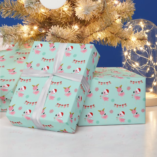 Christmas Festive Flamingos on Green Wrapping Paper (Holidays)