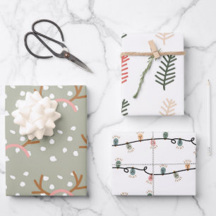 Christmas Festive Floral and Lights Set of 3 Wrapping Paper Sheet