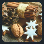 Christmas Festive Food. Cinnamon, Nuts and Stars Square Sticker<br><div class="desc">Christmas festive food with cinnamon,  nuts,  stars and pine cones.  www.frontiernow.com</div>