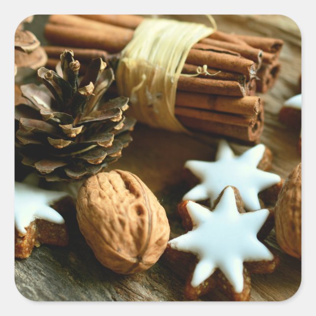 Christmas Festive Food. Cinnamon, Nuts and Stars Square Sticker (Front)