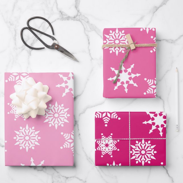 Christmas Festive Girly Pink Snowflakes Stars  Wrapping Paper Sheet (Front)
