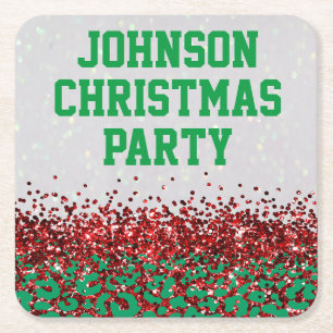 Christmas Festive Holiday Custom Leopard Glitter Square Paper Coaster