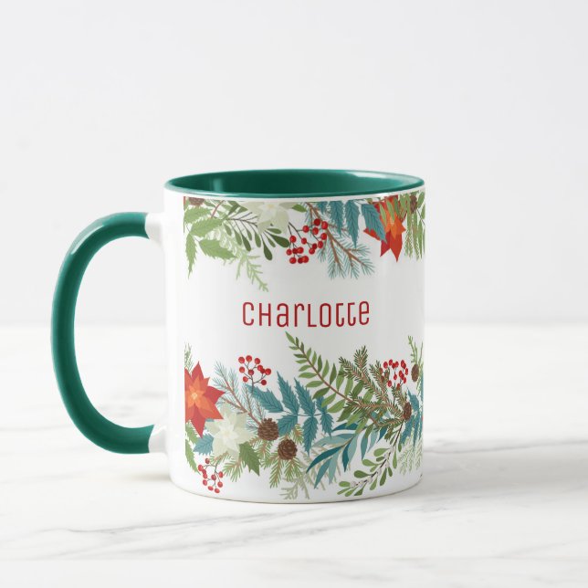 Christmas Festive Holiday Floral Personalised Mug (Left)