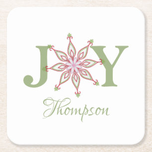 Christmas Festive Holiday Snowflake Joy Typography Square Paper Coaster