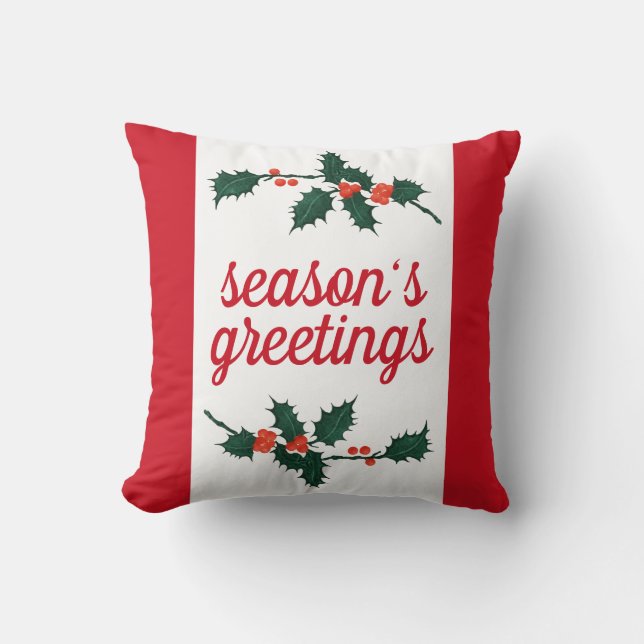 Christmas Festive Holly Berries Season's Greetings Cushion (Front)