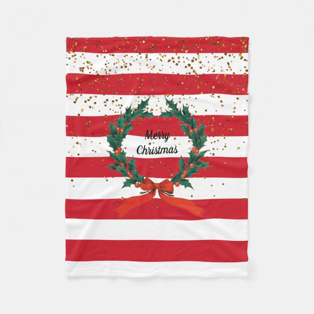 Christmas Festive Holly Berries Wreath Stripes  Fleece Blanket (Front)