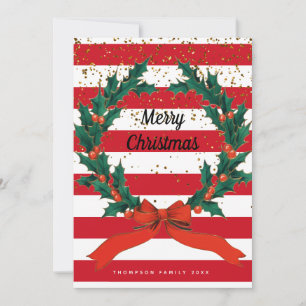Christmas Festive Holly Berries Wreath Stripes Holiday Card