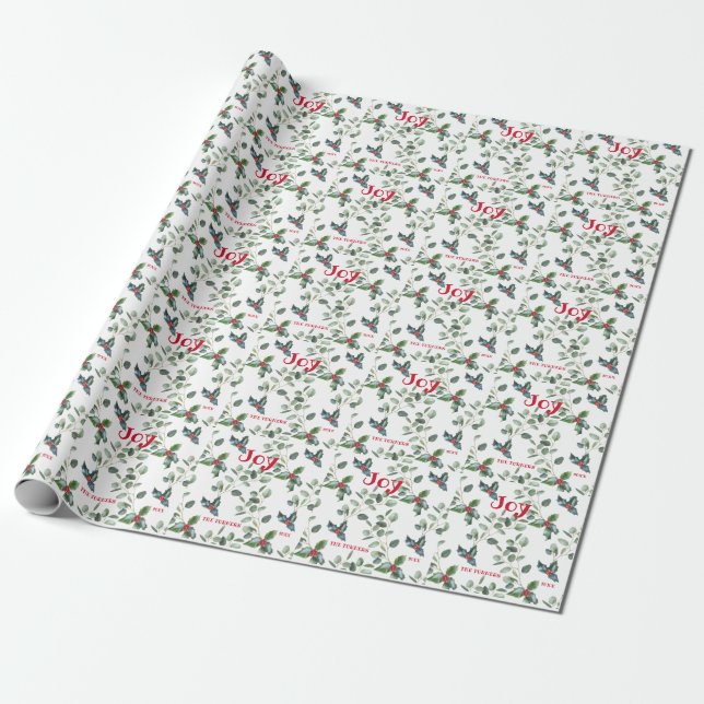 Christmas Festive Holly Berry Joy Holiday Monogram Wrapping Paper (Unrolled)