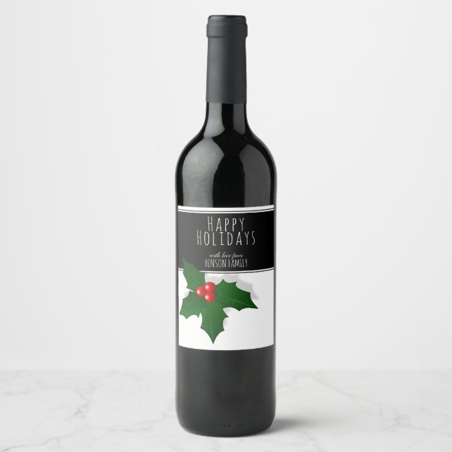 Christmas Festive Holly Tree Berry Personalizable Wine Label (Front)