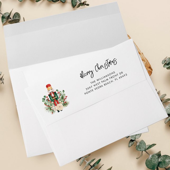 Christmas Festive Nutcracker Modern Return Address Envelope (Christmas Botanical Nutcracker Greenery White Interior Return Addressed Envelope)