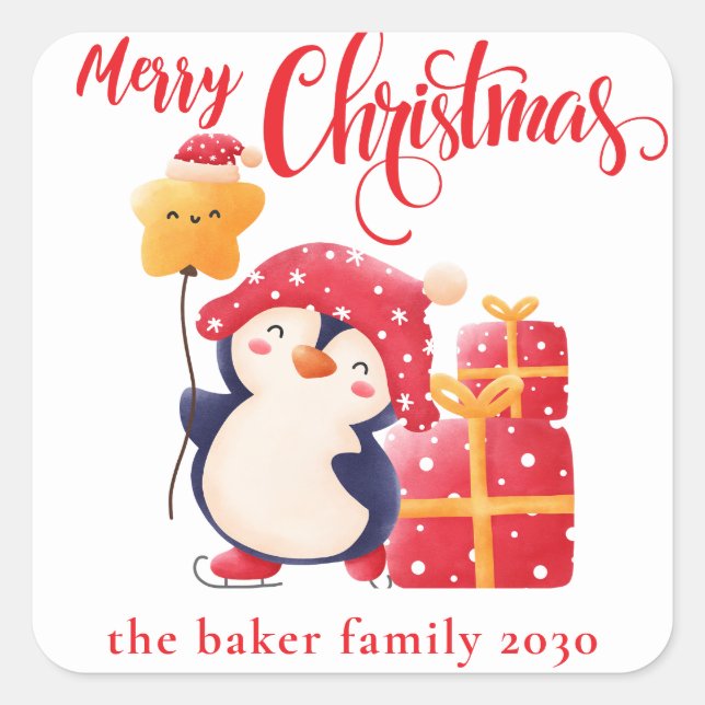 Christmas Festive Penguin Red Custom personalised Square Sticker (Front)