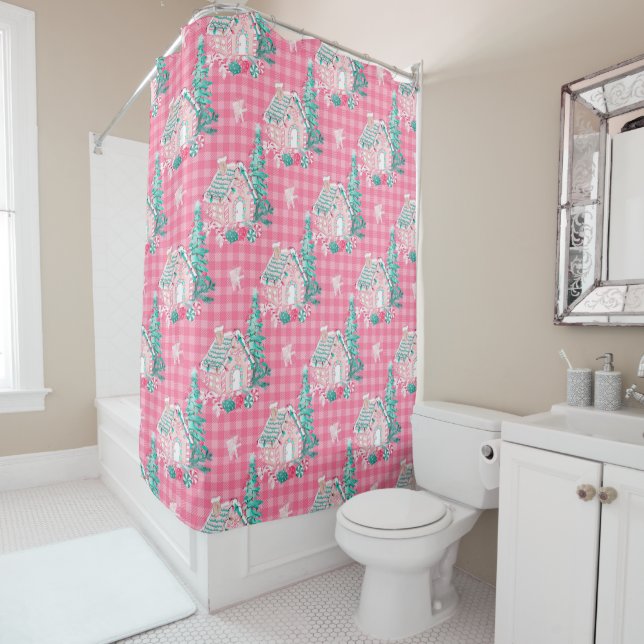 Christmas Festive Pink Gingerbread House  Shower Curtain (In Situ)