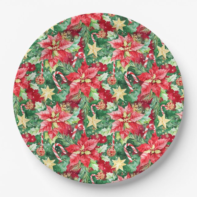 Christmas Festive Poinsettia Flowers Paper Plate (Front)