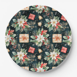 Christmas Festive Poinsettia Flowers Paper Plate