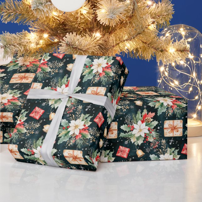 Christmas Festive Poinsettia Flowers Wrapping Paper (Holidays)