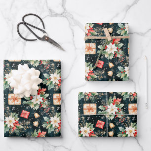 Christmas Festive Poinsettia Flowers Wrapping Paper Sheet