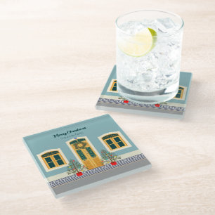 Christmas festive Portuguese House Glass Coaster