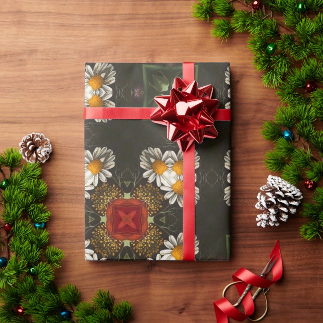 Christmas festive red cross abstract daisies wrapping paper (Holiday Gift)