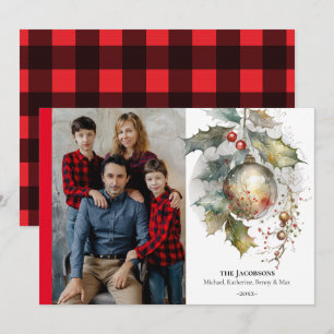 Christmas Festive Red Gold Holly Ornament Holiday Card