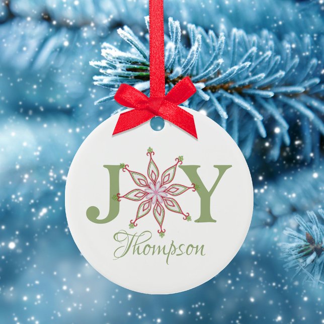 Christmas Festive Red Green Joy Typography Ceramic Tree Decoration (Christmas holiday Joy typography with a colorful pink, red, and green whimsical snowflake. )