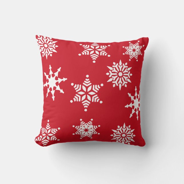 Christmas Festive Red & White Snowflakes Stars Cushion (Front)