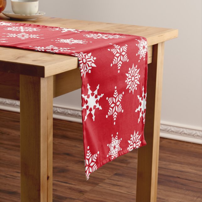 Christmas Festive Red & White Snowflakes Stars Short Table Runner (In Situ)