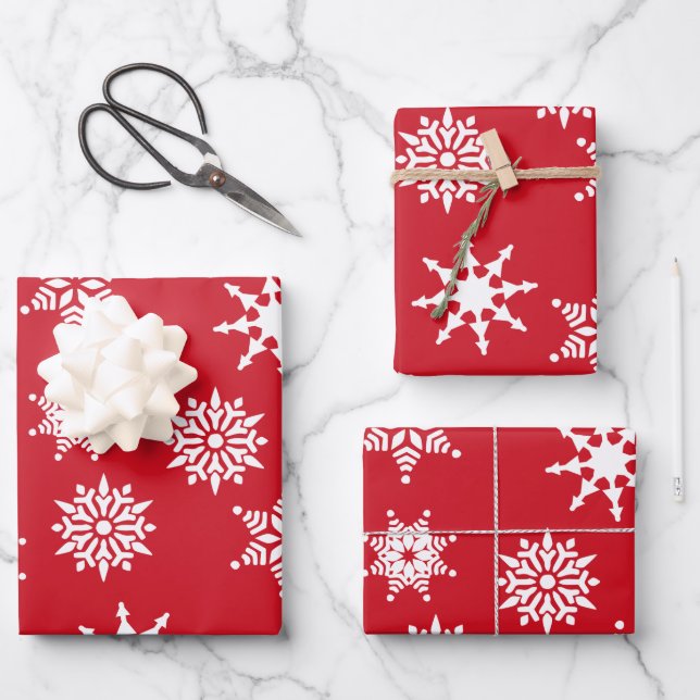 Christmas Festive Red & White Snowflakes Stars Wrapping Paper Sheet (Front)