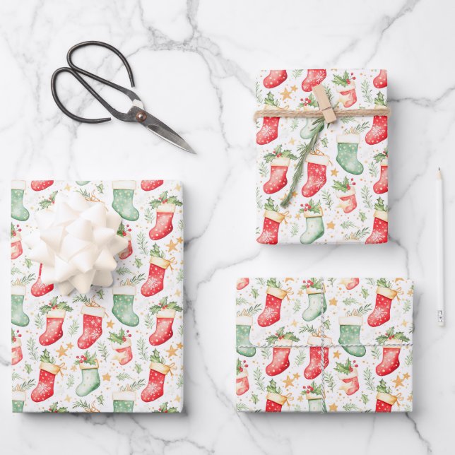 Christmas Festive Stockings Wrapping Paper Sheet (Front)