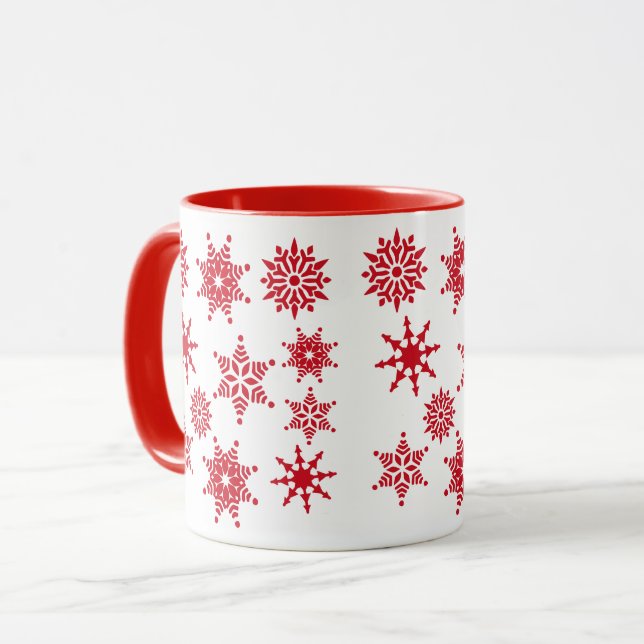 Christmas Festive White Red Snowflakes Stars Mug (Front Left)