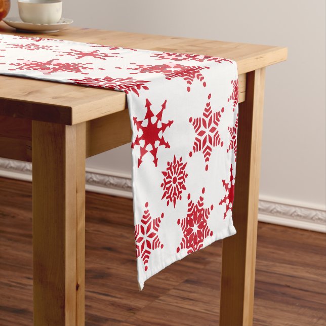 Christmas Festive White & Red Snowflakes Stars Short Table Runner (In Situ)