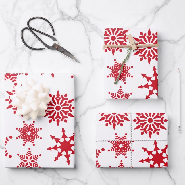 Christmas Festive White & Red Snowflakes Stars  Wrapping Paper Sheet (Front)