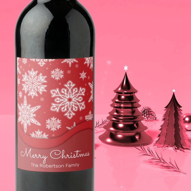 Christmas Festive White Winter Snowflakes On A Red Wine Label (Creator Uploaded)