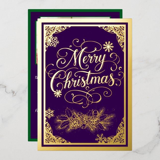 Christmas, filigree boarders, Purple, photo inside Foil Holiday Card (Front/Back)