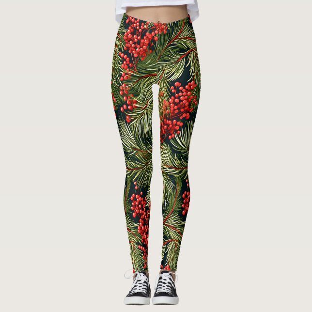 Christmas Fir Branches and Berries Leggings (Front)