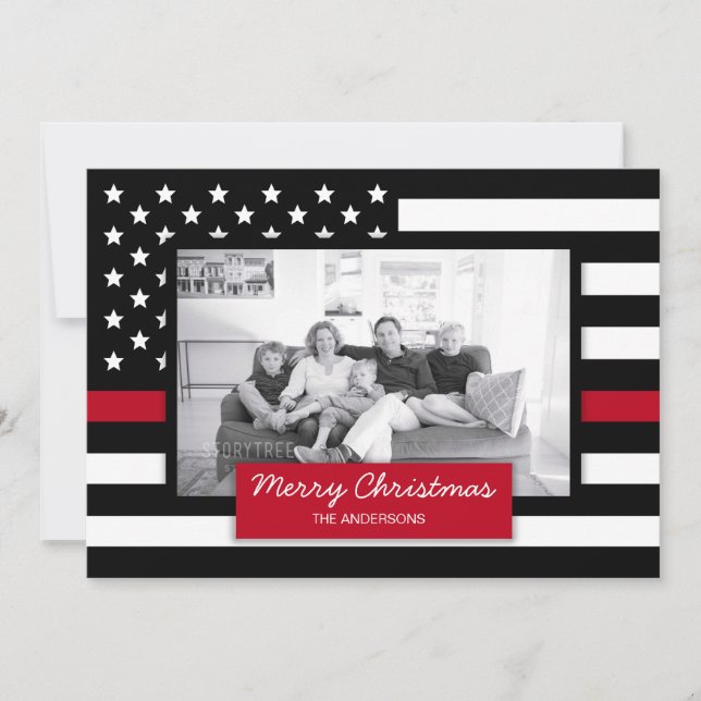 Christmas Firefighter Thin Red Line Flag Photo Holiday Card (Front)