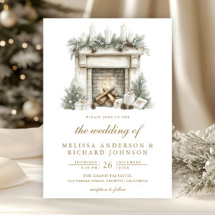 Christmas Fireplace Bow All in One QR Code Wedding Invitation