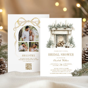 Christmas Fireplace Bow QR Code Bridal Shower Invitation