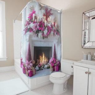 Christmas Fireplace Candles Elegant Pink White   Shower Curtain