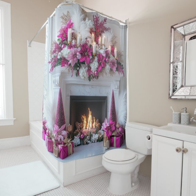 Christmas Fireplace Candles Elegant Pink White   Shower Curtain (In Situ)