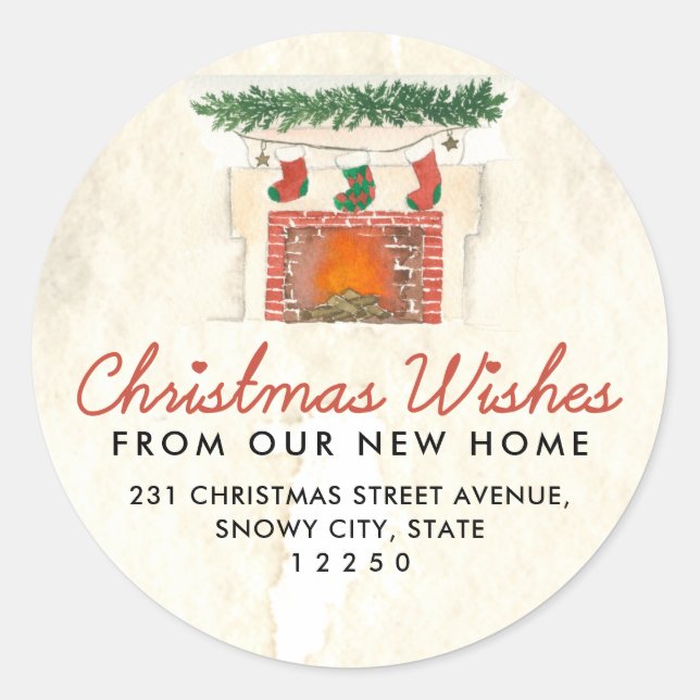 Christmas Fireplace Holiday Moving Announcement Classic Round Sticker (Front)