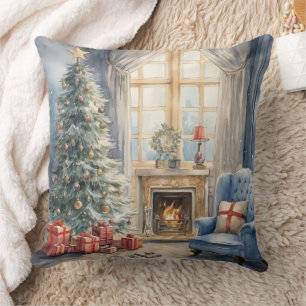 Christmas Fireplace Living Room Tree Blue Cushion