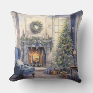 Christmas Fireplace Living Room Tree Blue Cushion