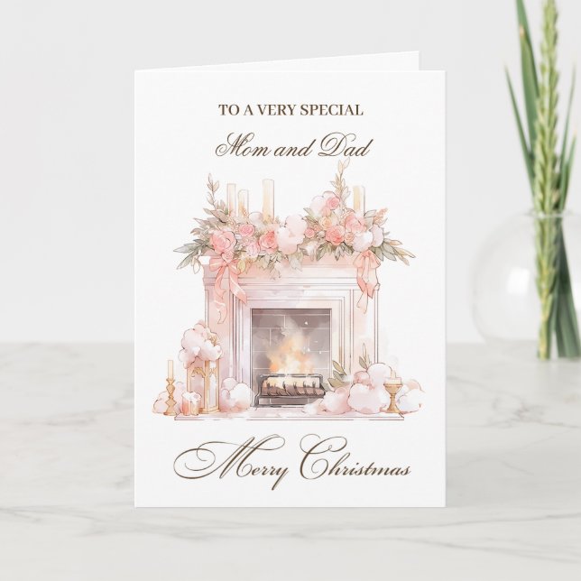 Christmas Fireplace Mum & Dad Holiday Card (Front)