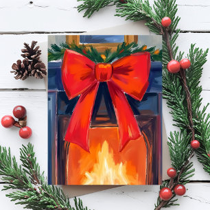 Christmas Fireplace   Red Bow Merry Watercolor  Holiday Card