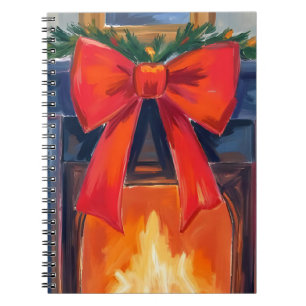 Christmas Fireplace   Red Bow Merry Watercolor  Notebook