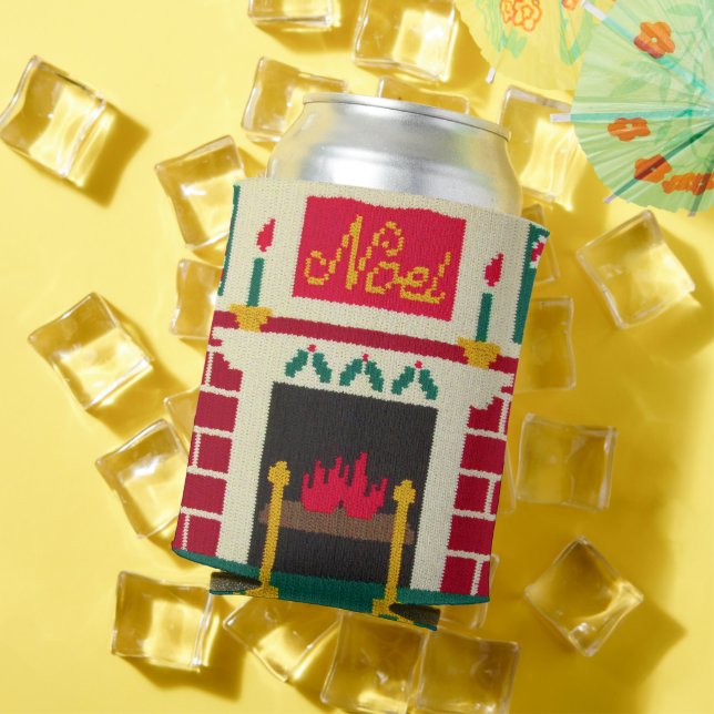 Christmas Fireplace Red Green Gold Noel Crochet Can Cooler (In Situ Summer)