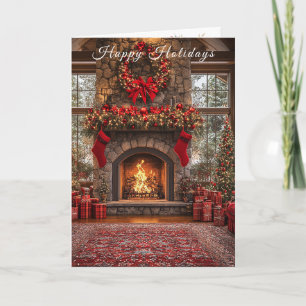Christmas Fireplace Red Stockings Lights Card